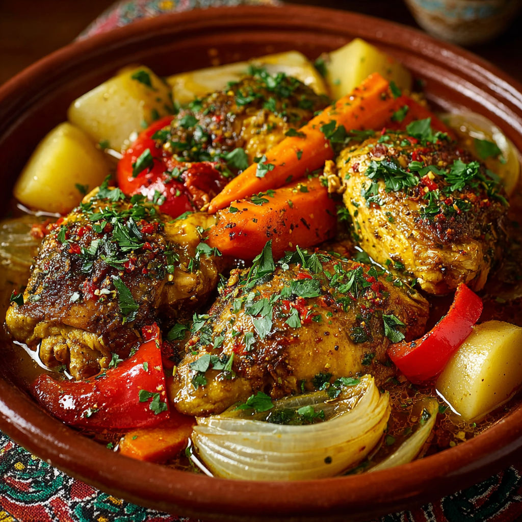 Une recette de poulet avec des légumes tels que des carottes, des oignons et des tomates.