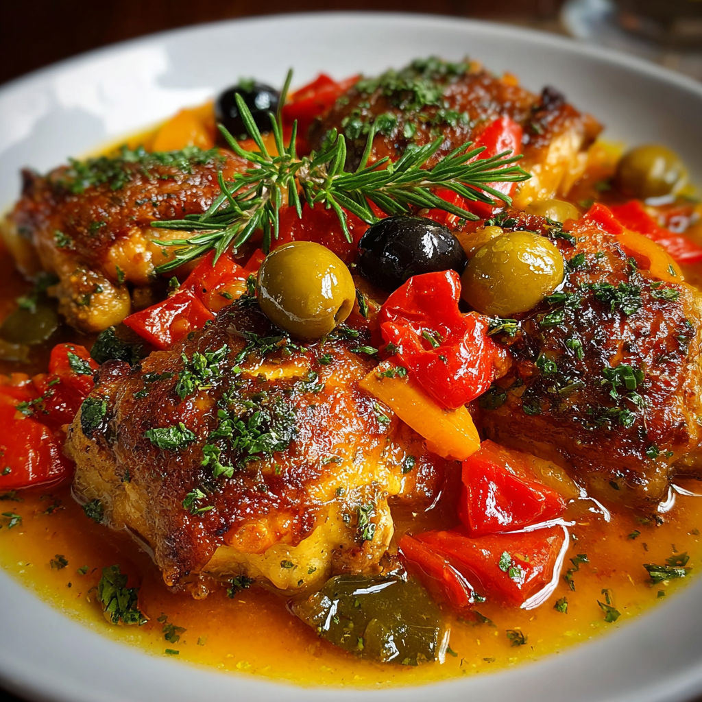 Un poulet grillé avec des légumes verts et des olives.