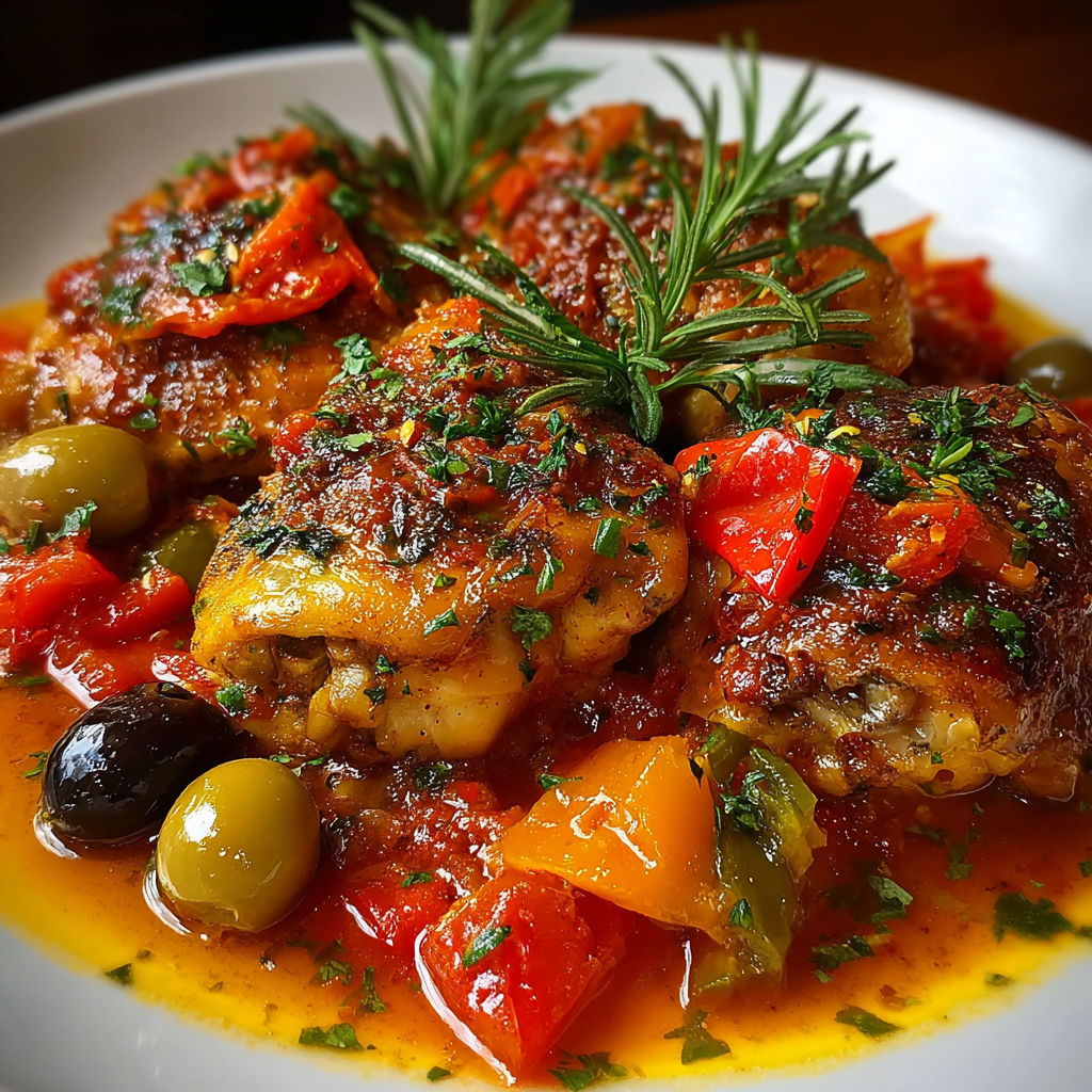 Dish de chicken avec des olives et des herbes, accompagné de légumes et de sauce.