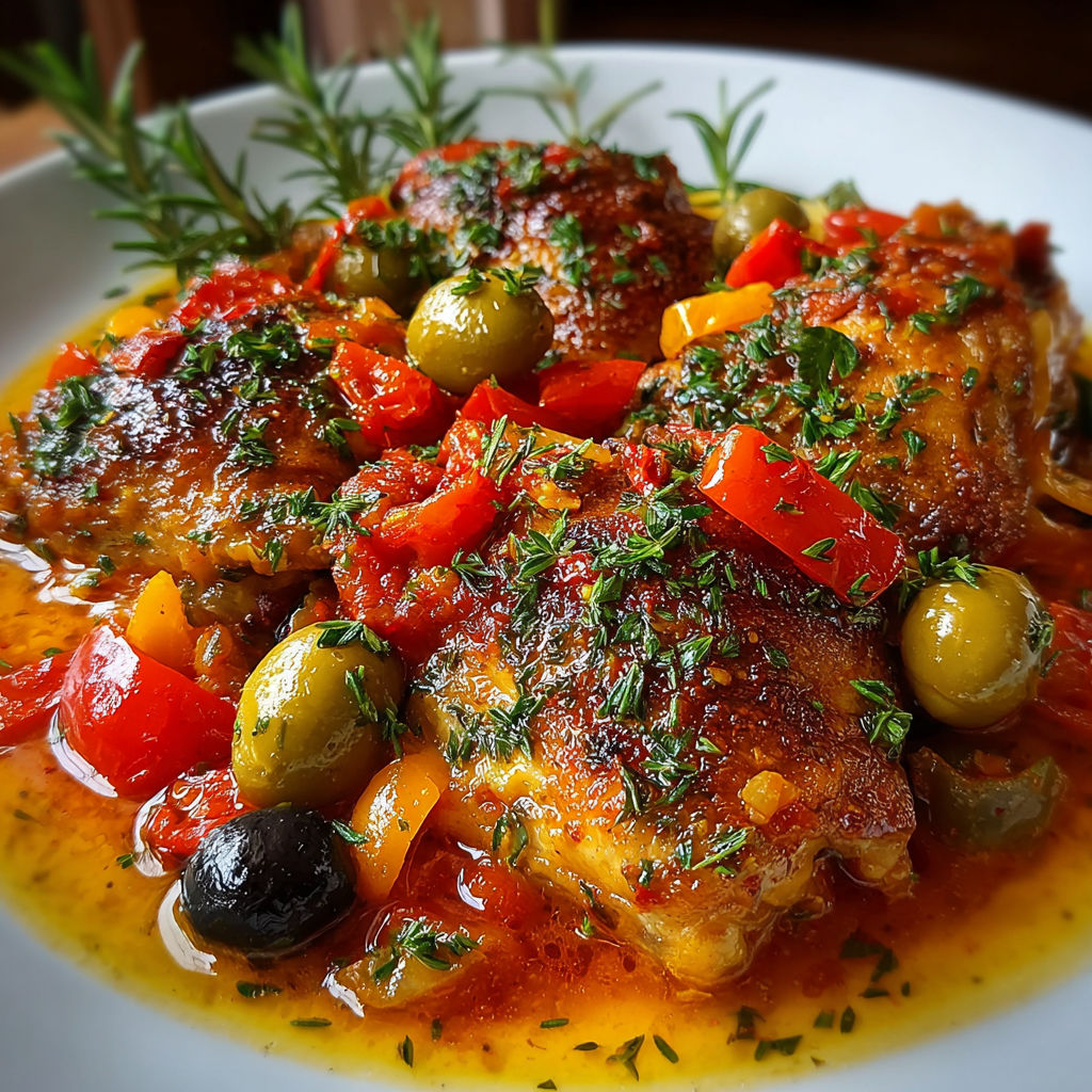 Une recette de poulet avec des olives et des tomates.