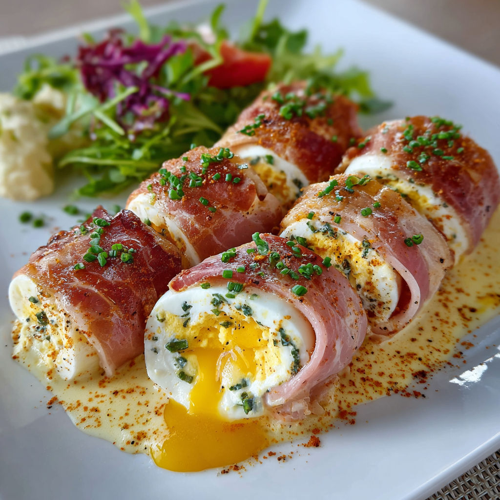 Une salade composée de légumes et de bacon, accompagnée de deux sandwichs de bacon et de fromage.