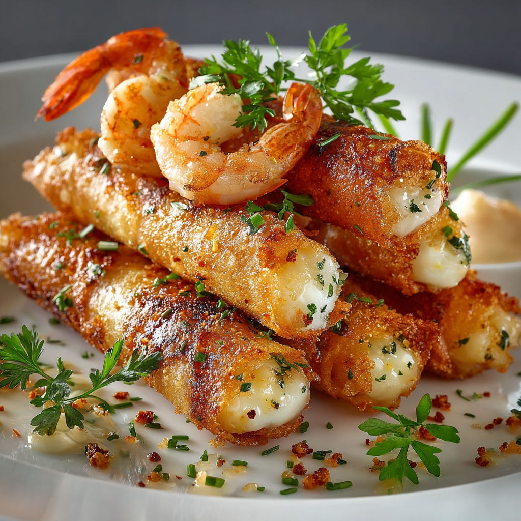 Une assiette de crevettes grillées avec des herbes et des légumes, accompagnée d'une sauce.