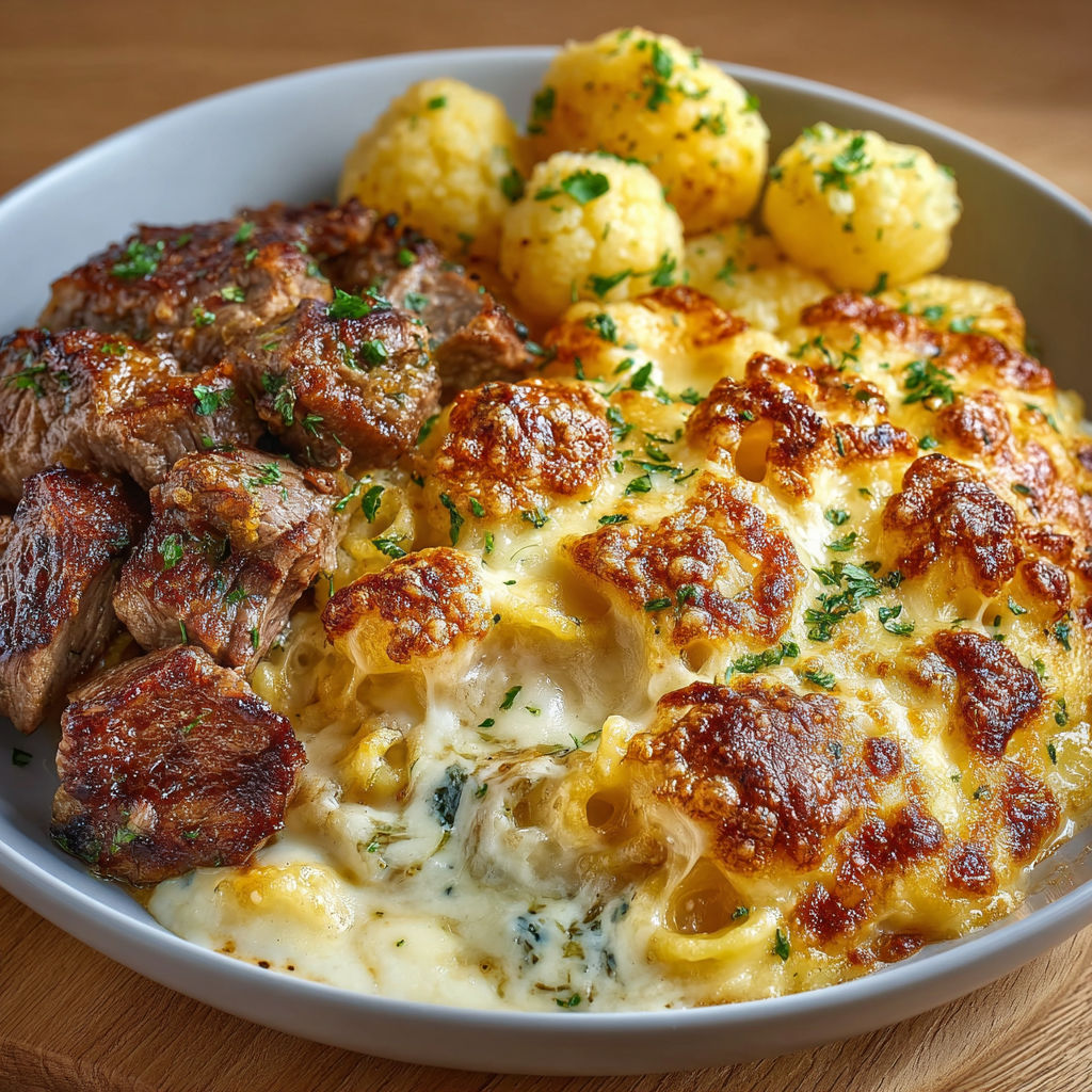 Une recette de gratin de macaroni et de viande, servie sur un plateau en bois.