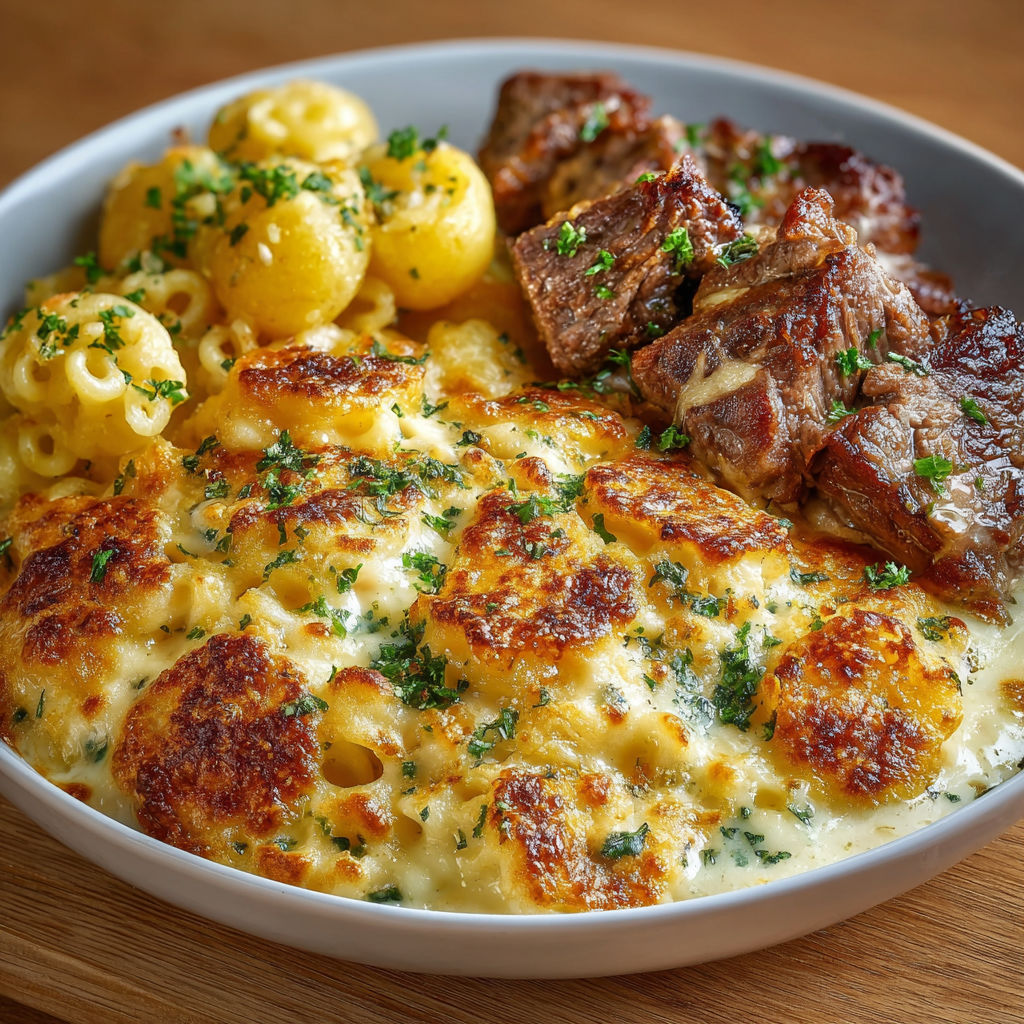 Une plate de macaroni et de viande grillée, avec des herbes et des légumes, est servie sur une table.