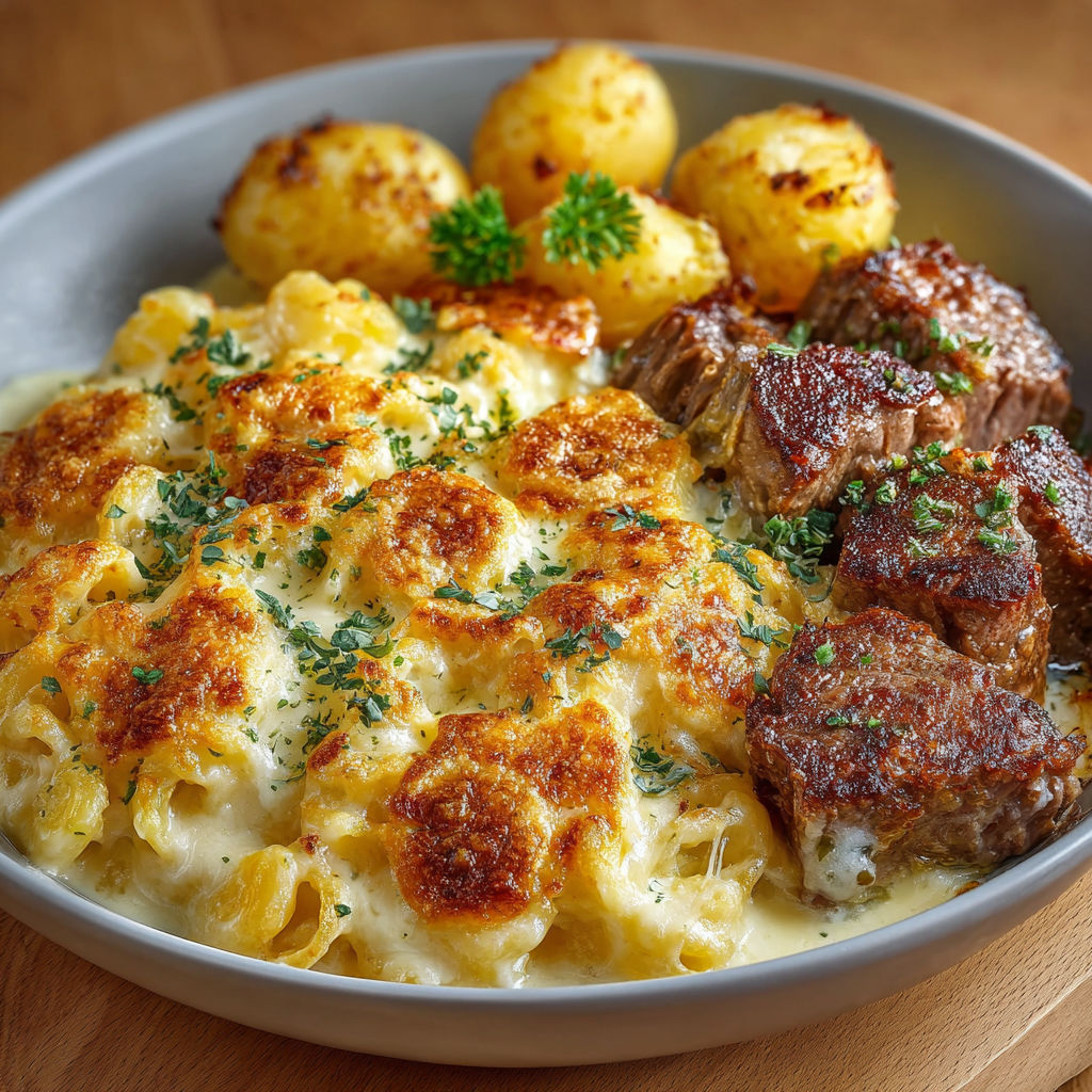 Une recette de macaroni et de viande grillée est servie dans un bol sur une table.