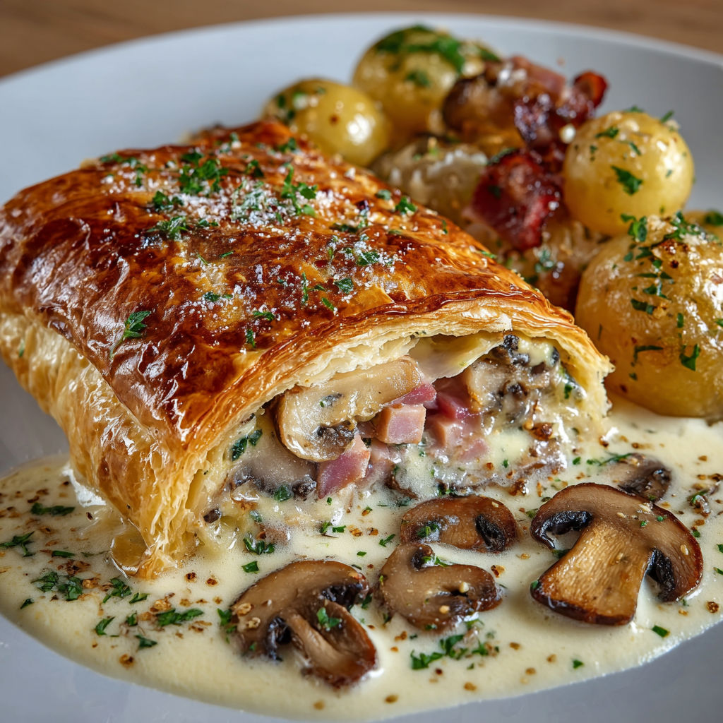 Une tarte au citron et aux champignons est servie sur une assiette blanche.