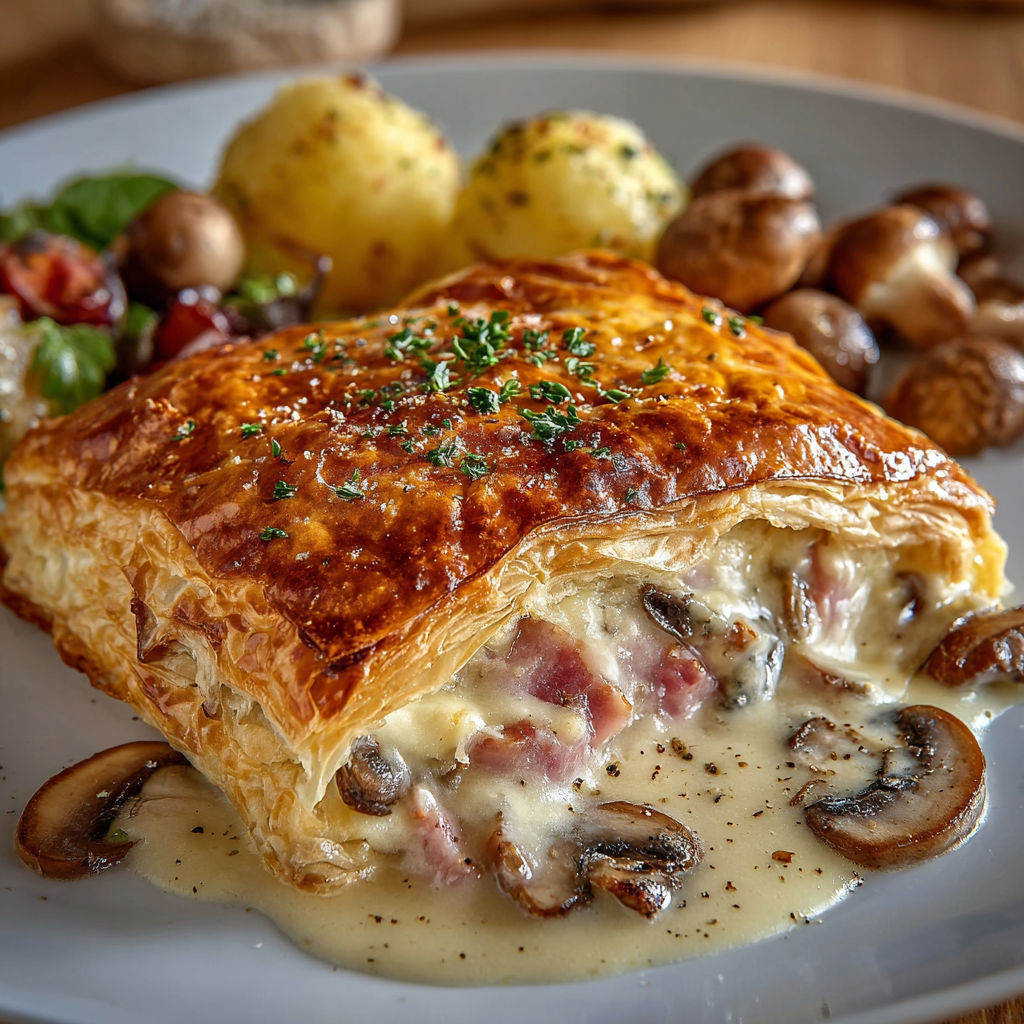 Une quiche maison est servie sur un plateau avec des champignons et des pommes de terre.