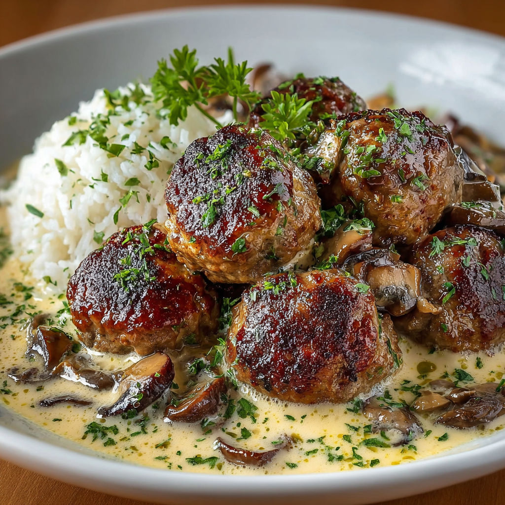 Boulettes de viande dans une sauce au mushroom et à la parsley.