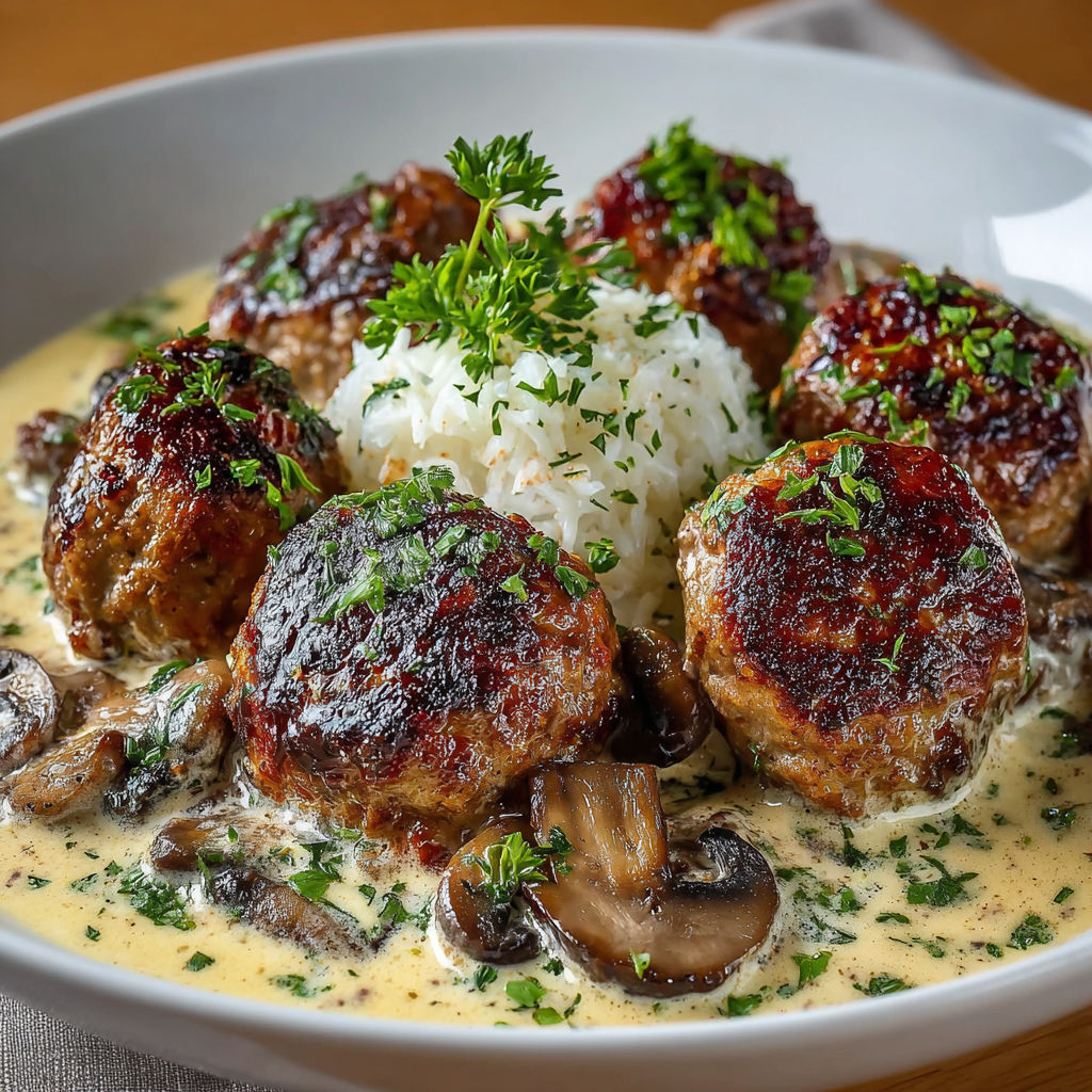 Une assiette de boulettes de viande avec une sauce au mushroom et des herbes.