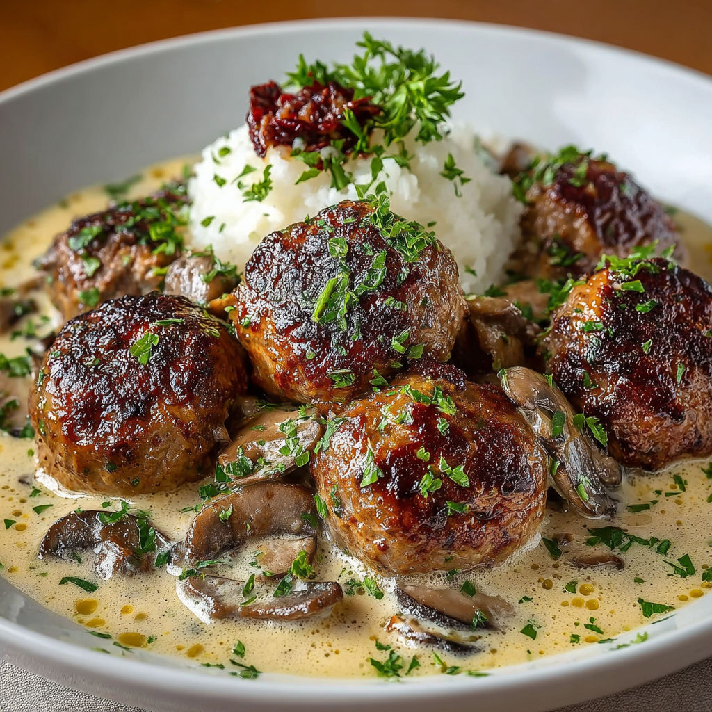 Une recette de boulettes de viande avec des champignons et des herbes.