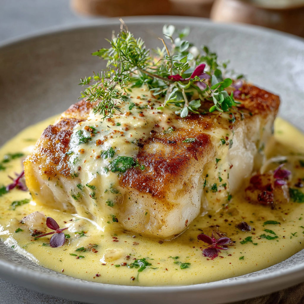 Une poisson en papillote avec des herbes et des épices, accompagné d'une sauce au yaourt.