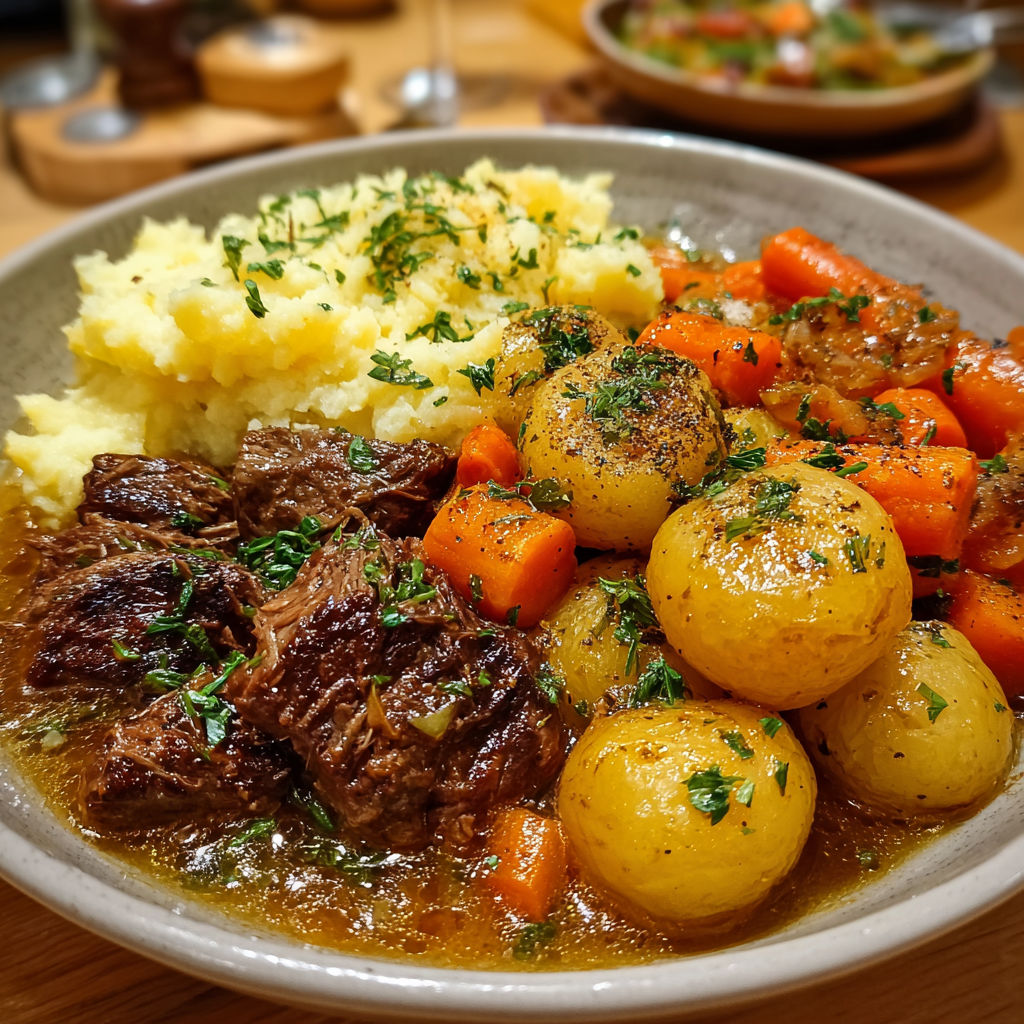 Un plat de Ragoût avec des carottes, des pommes de terre et des légumes.