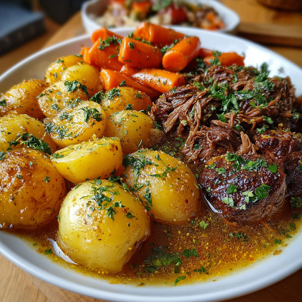 Un plateau de viande et légumes, avec des carottes, des pommes de terre et des légumes verts.