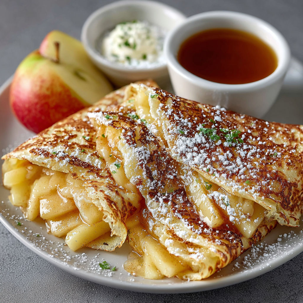 Une tartine de crêpes aux fruits, accompagnée d'une soupe et d'une sauce.