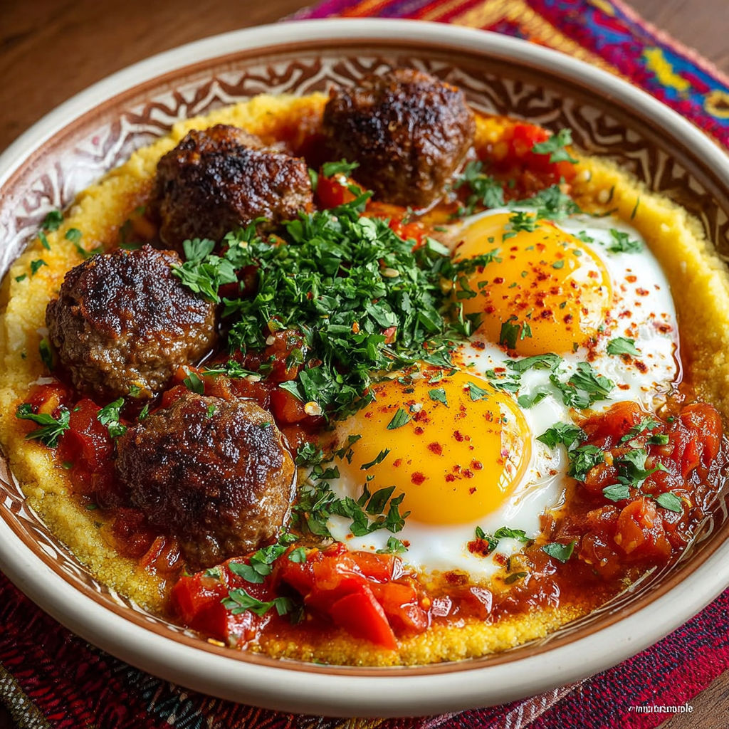 Une recette de Tajine est servie dans un bol coloré, avec des oeufs, des tomates, des boulettes de viande et des herbes.