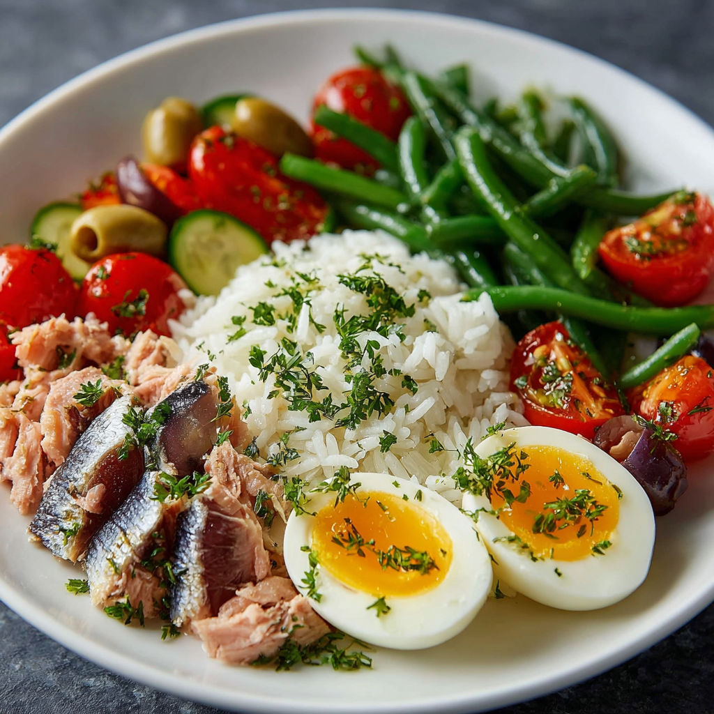 Un plat de riz avec des légumes et des œufs.
