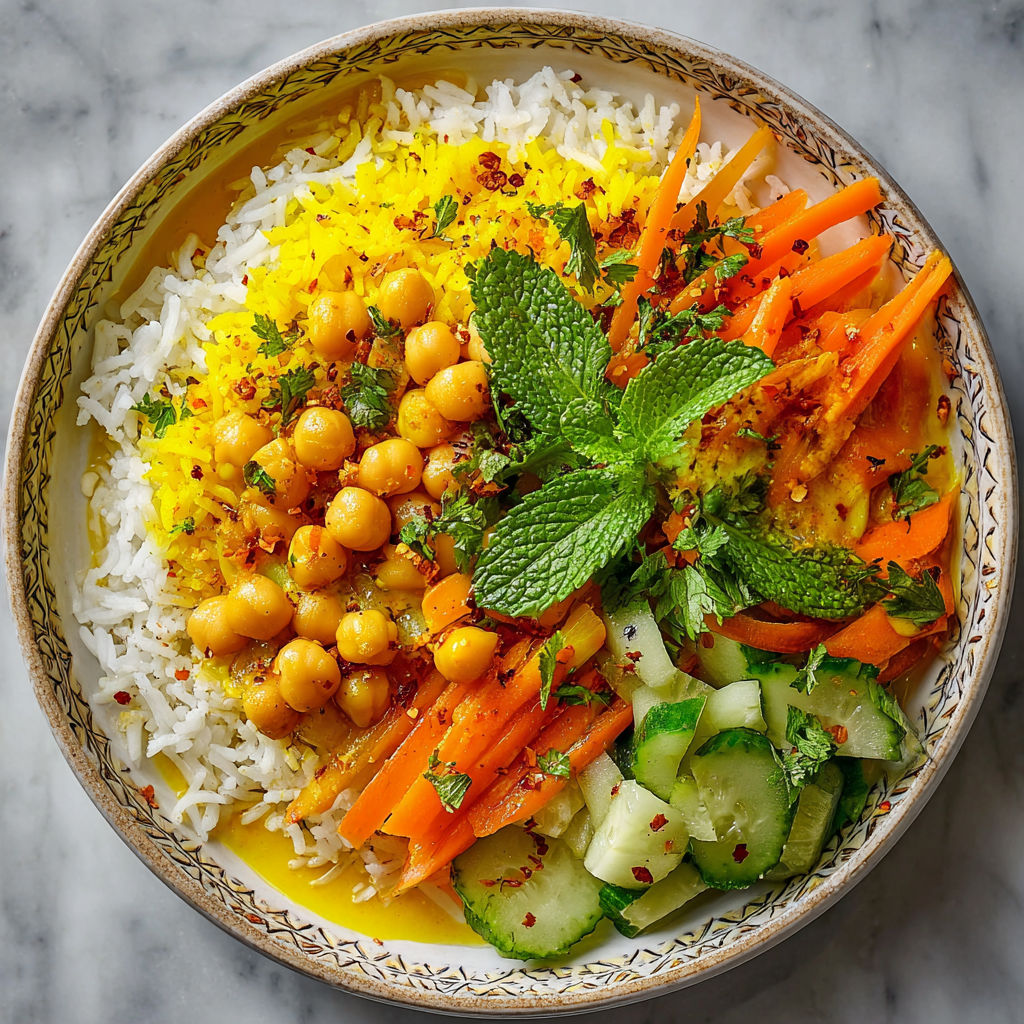 Une salade de légumes et grains, avec des carottes, des cucumbers, des chickpeas et du moutarde.