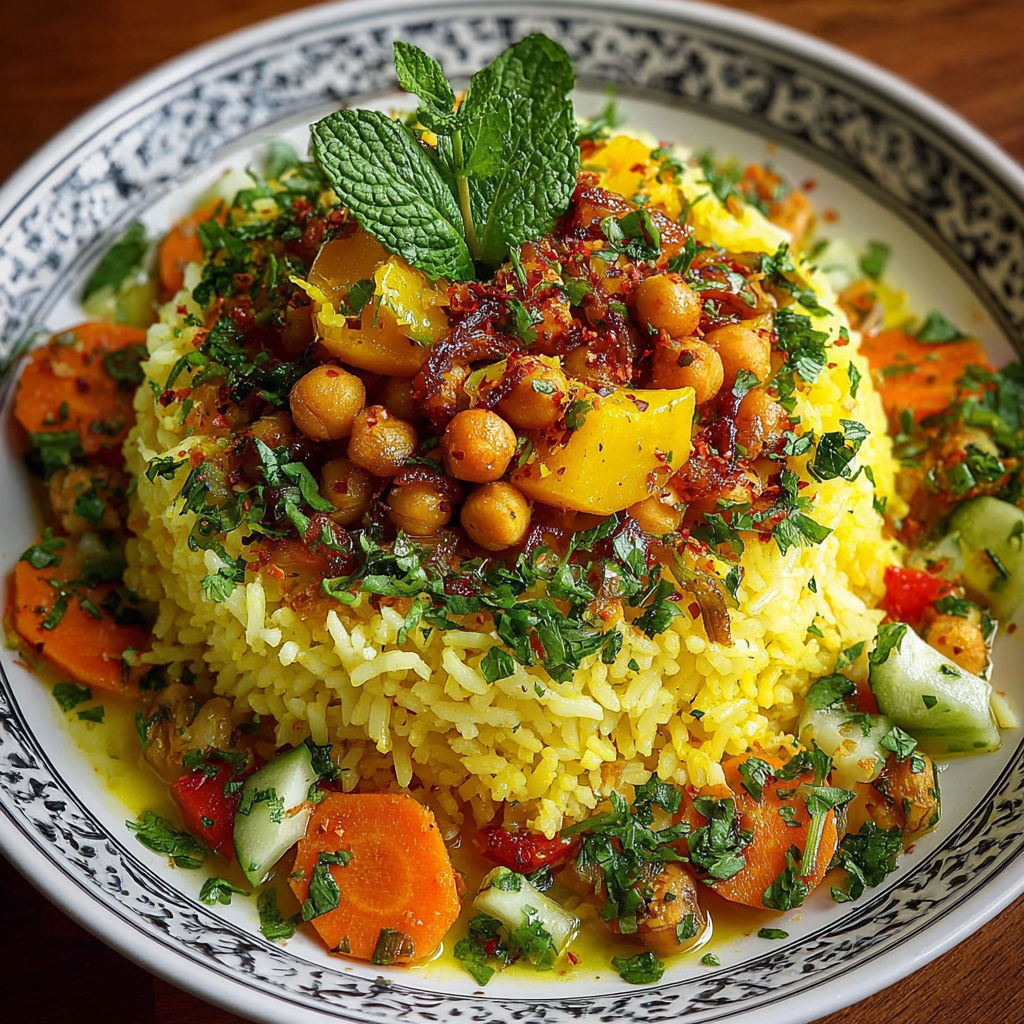 Une salade de riz et de légumes, avec des carottes et des herbes, est servie sur un plateau.
