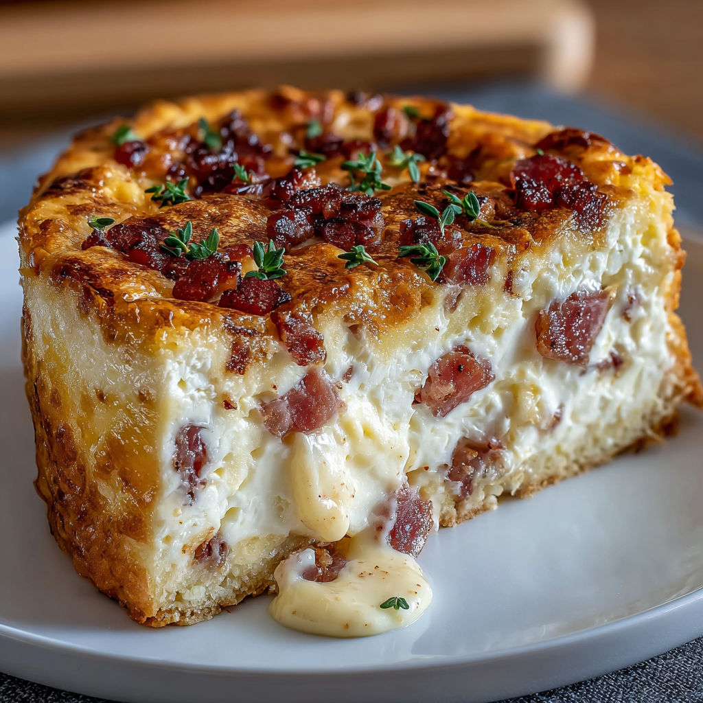 Une tarte au bacon et au fromage, servie sur un plateau.