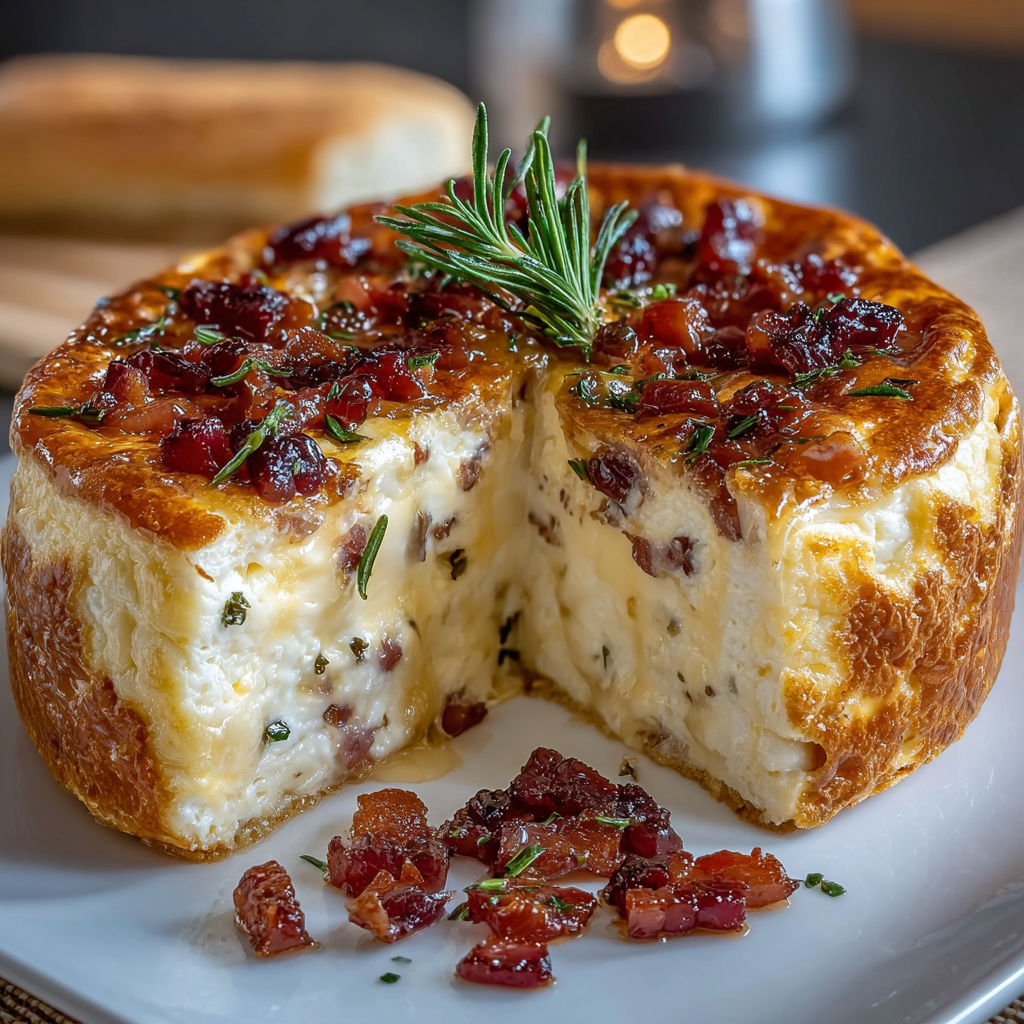 Une tarte au citron et au bacon, avec des herbes fraîches sur le dessus, est servie sur une assiette blanche.