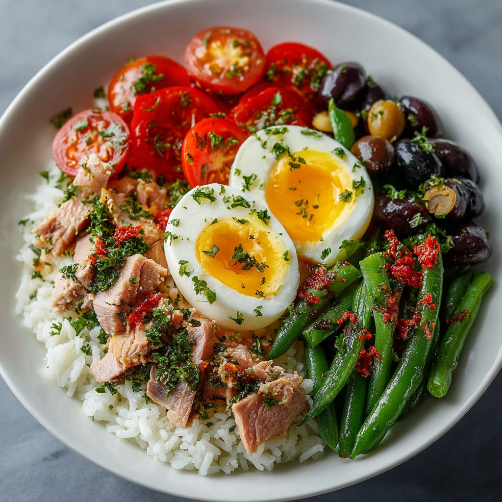 Un plat de riz et légumes colorés avec des oeufs et des tomates.