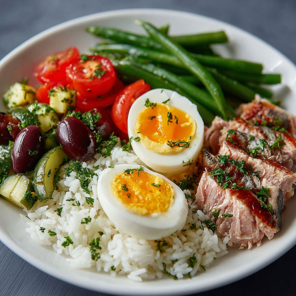 Un plat de riz, oeufs, tomates, poivrons, haricots verts et viande.