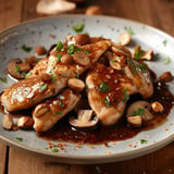 Poulet nappé d'une sauce aux champignons, garni de noisettes et persil frais.