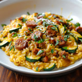 Un délicieux risotto aux courgettes, chorizo et herbes fraîches dans une assiette.