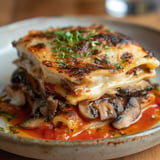 Une portion de lasagnes bien garnie avec des couches généreuses de champignons et sauce tomate, le tout avec des herbes fraîches sur le dessus.