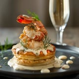 Un plat raffiné composé de feuilletés croustillants remplis de fruits de mer dans une sauce légère, avec une touche décorative d’aneth et un verre de champagne.