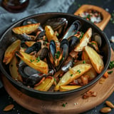 Un généreux plat de moules et frites dorées maison avec une touche de persil frais, présenté dans un bol élégant sur une planche en bois.