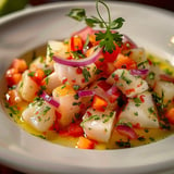 Un plat coloré de ceviche composé de poissons, de fines tranches d'oignons rouges, de dés de tomates, et rehaussé de coriandre fraîche.