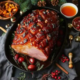 Un somptueux jambon caramélisé servi sur un plat de fête, orné de baies rouges, d'herbes fraîches, et entouré de fruits.