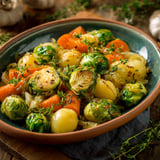 Une poêlée de légumes et carottes, avec des légumes verts et des carottes, est servie dans un bol.