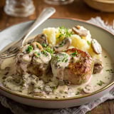 Une assiette de Paupiettes de boeuf, accompagnée de pommes de terre et de champignons, est servie sur une table.