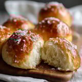 Une pile de Petites Brioches, saupoudrées de sucre, sur un plateau.