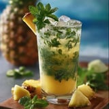 Une boisson fraîche et rafraîchissante, le Mojito Ananas, est servie dans un verre transparent.