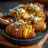 Une assiette de pommes de terre farcies, garnies de fromage et de herbes, est servie sur une table.