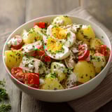 Une assiette de salade composée de légumes et de poulet, avec des oeufs et des tomates, est servie sur une table.