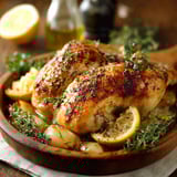 Un poulet grillé avec des légumes et des herbes, accompagné d'une sauce au citron.