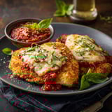 Un poulet parmigiana est servi sur un plateau avec une sauce tomate et des herbes fraîches.