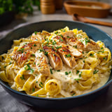 Une plate de tagliatelles avec des légumes et des viandes.