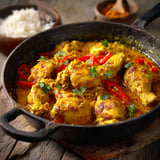 Une poêle de poulet au yello avec des épices et des légumes.