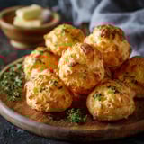 Une plaque de gougères, une recette de pâte brisée, est servie sur une table.