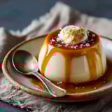 Une tarte au caramel garnie de crème fouettée et de sucre.