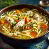 Une soupe chaude avec des carottes et du poulet.