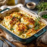 Gratin de poisson au fromage et herbes, servie dans un plat en céramique.