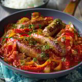 Un plat de Rougail contenant des chorizos et des tomates.