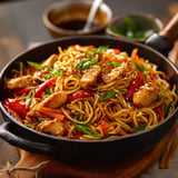 Une delicieuse préparation de nouilles sautées, servies dans un bol noir, accompagnées de légumes et de sauce.