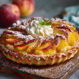 Une tarte aux fruits de saison, garnie de crème fouettée et de menthe, est servie sur un plateau de bois.